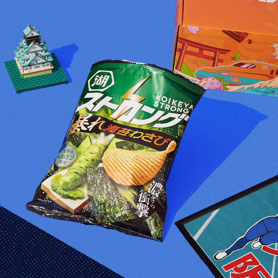 Wasabi seaweed chips on a blue background.