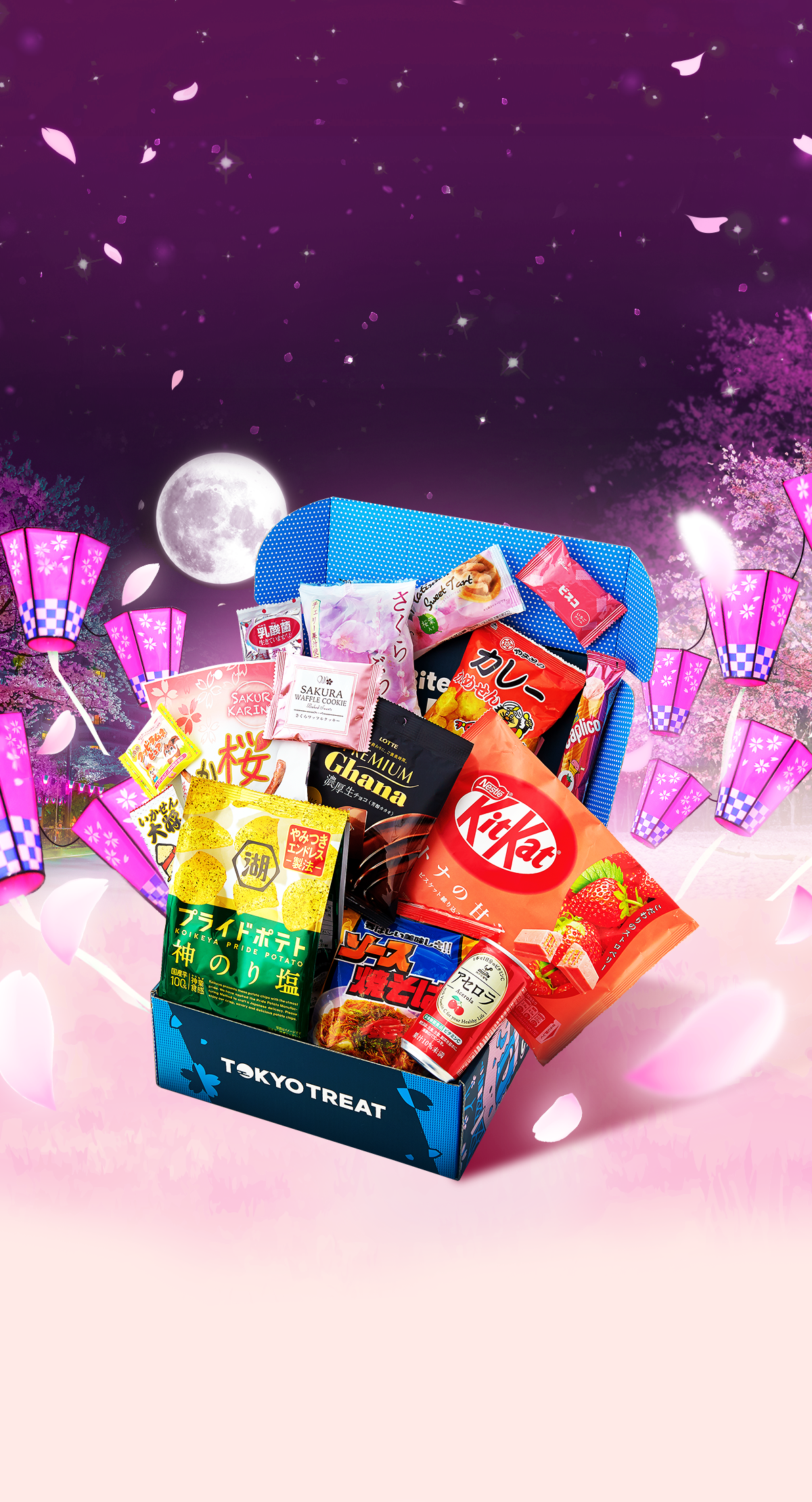 The TokyoTreat special-edition sakura season box sits against a background of pink cherry blossom trees.