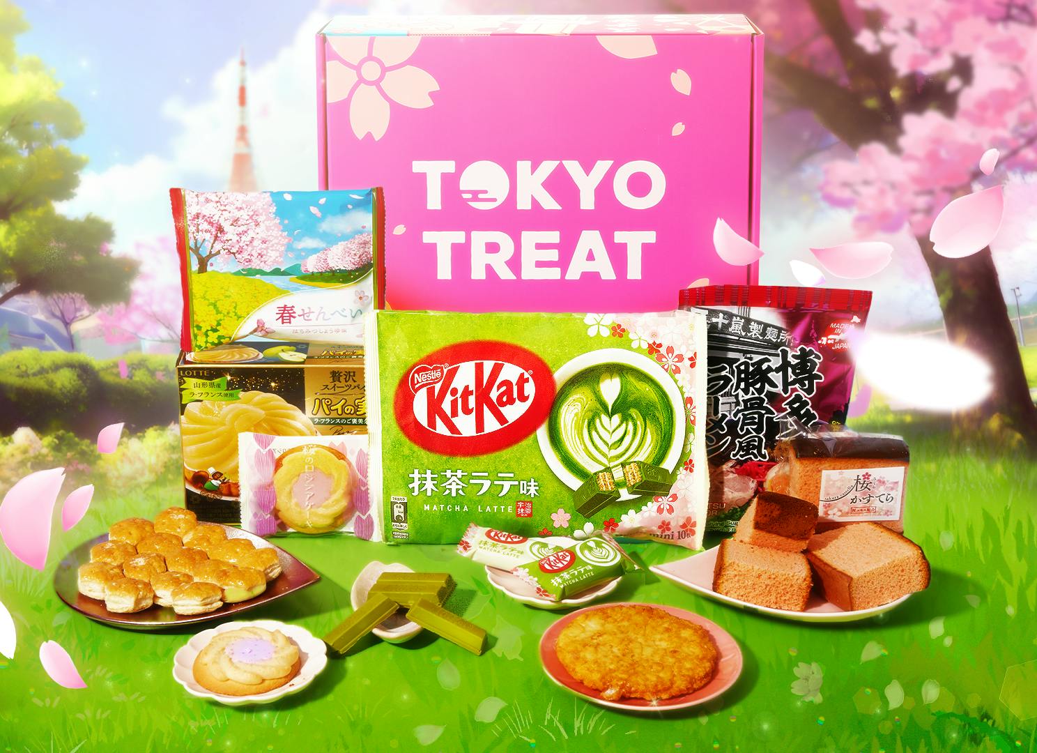 TokyoTreat's limited-edition pink sakura box sits in a beautiful park on a bright spring day, surrounded by main box items.
