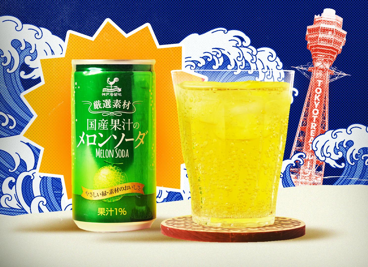 A green can of melon soda sits next to a glass with Japanese wave motifs in the background