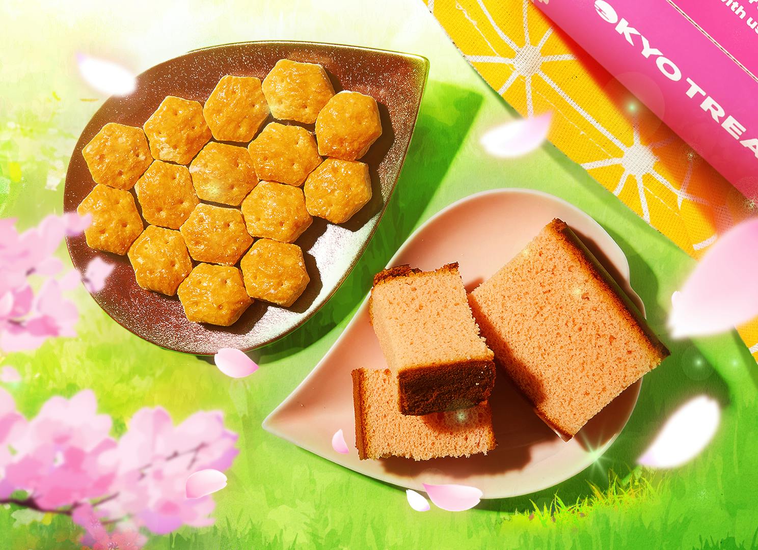Pai no Mi Mini Pies and Sakura Castella Cake sit against a sakura picnic backdrop, surrounded by cherry blossom and spring motifs.