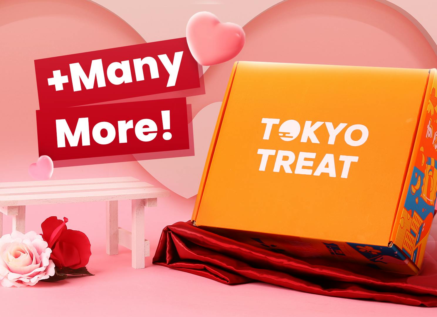 The TokyoTreat Valentine's Day box is next to roses and pink hearts. The TokyoTreat Valentine's Day box is next to roses and pink hearts.
