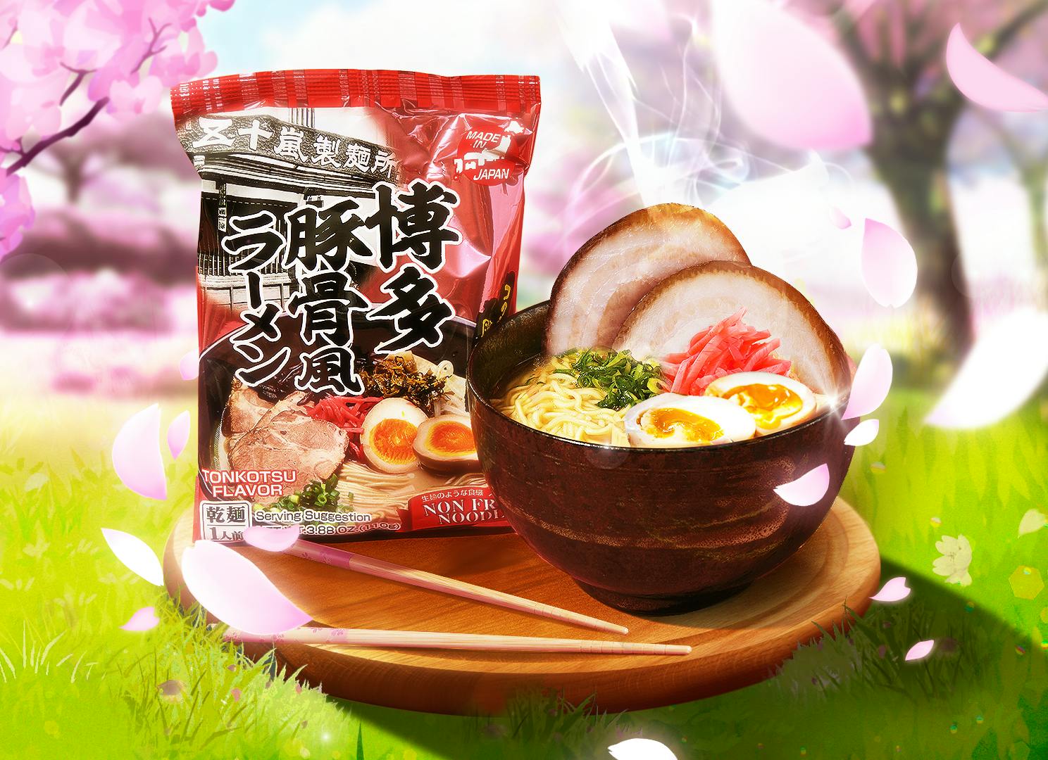 Hakata Tonkotsu Ramen sits steaming in a wooden bowl at a cherry blossom picnic, surrounded by cherry blossom petals.