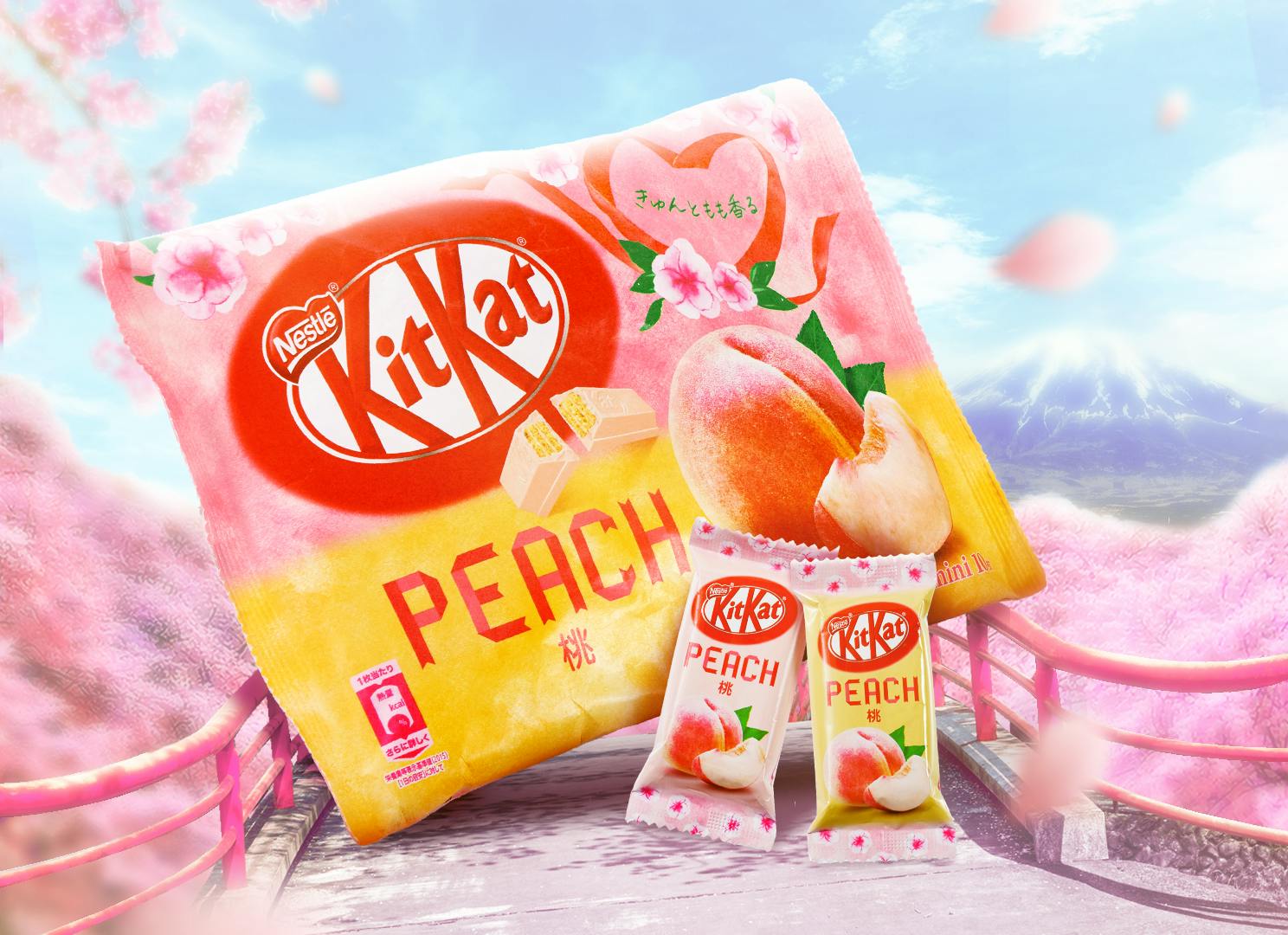 Limited edition Japanese KitKat Peach is displayed on a bridge with sakura petals falling slowly
