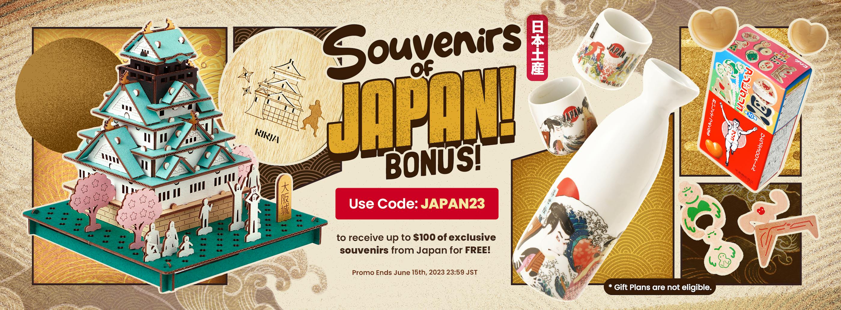 TokyoTreat's June promo featuring kabuki sake set, Osaka castle 3D puzzle, Glico Running Man caramels, and a ninja coaster