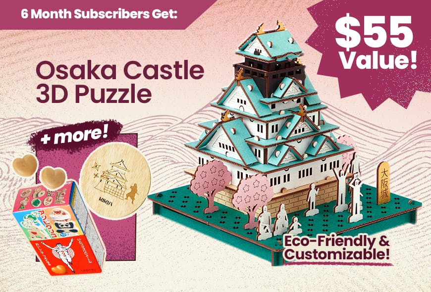 TokyoTreat's 6 month bonus is pictured including Osaka castle 3D puzzle, Glico Running Man caramels, and a ninja coaster