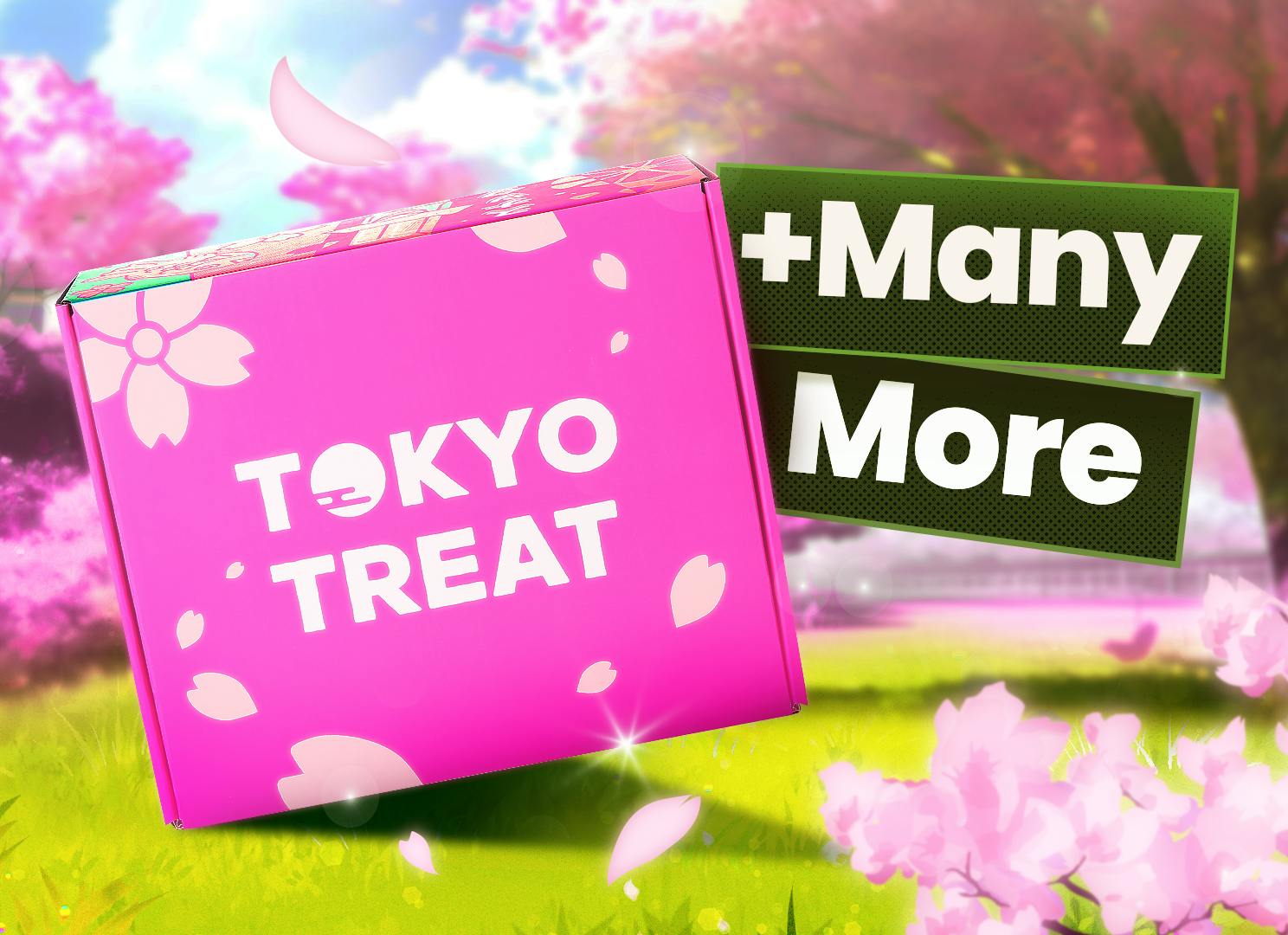 The special-edition TokyoTreat sakura box sits against a park backdrop surrounded by blooming cherry blossoms and a beautiful park.