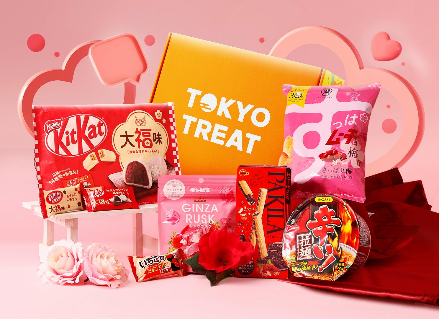 TokyoTreat's Valentine's Day box with limited edition Japanese KitKats, ramen, and chips. TokyoTreat's Valentine's Day box with limited edition Japanese KitKats, ramen, and chips.