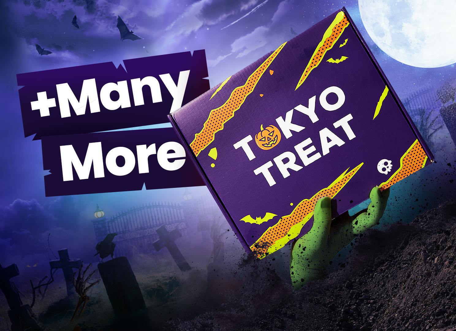 The special Halloween-edition TokyoTreat box sits in a zombie's hand against a spooky graveyard backdrop. The special Halloween-edition TokyoTreat box sits in a zombie's hand against a spooky graveyard backdrop.