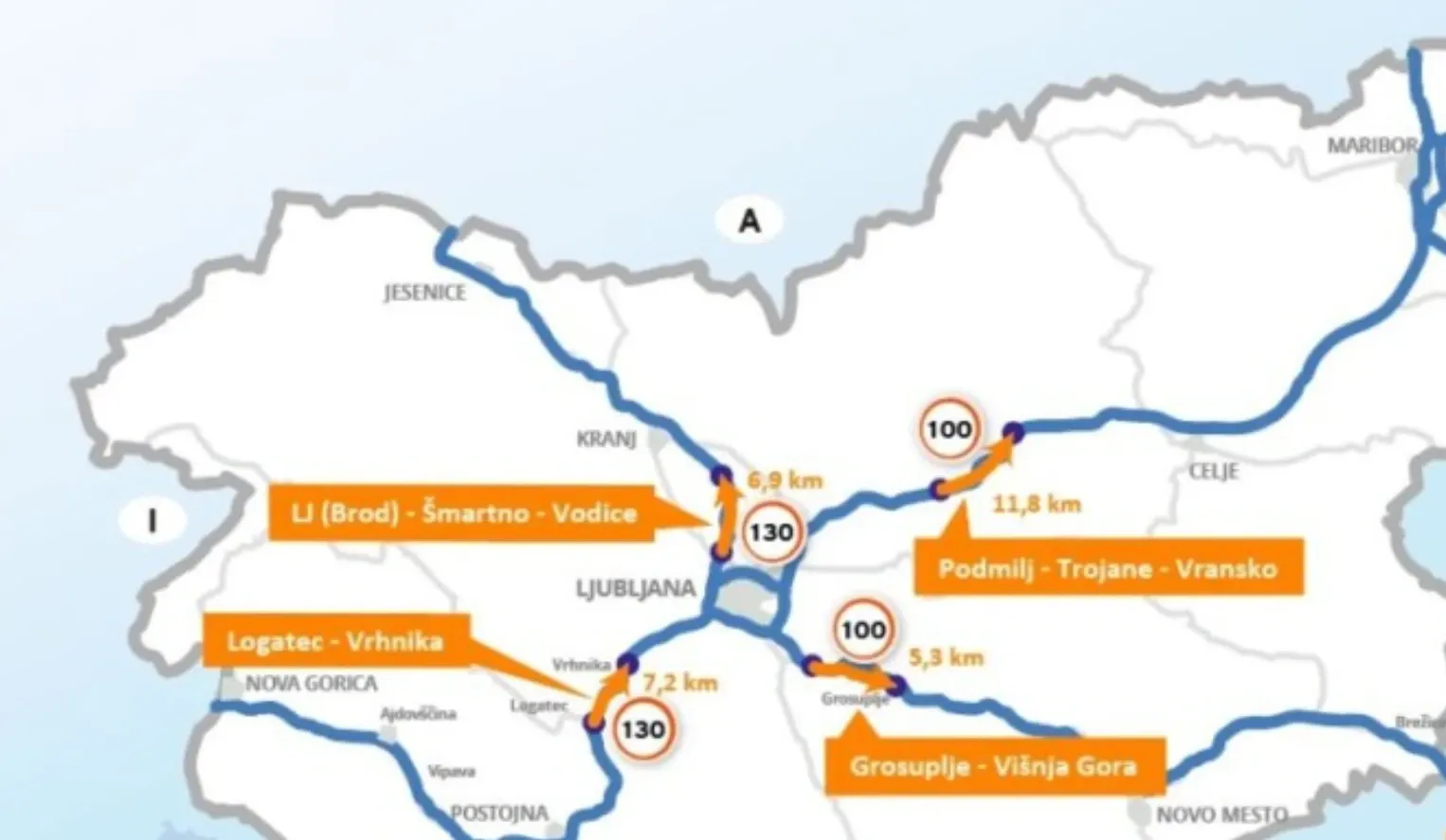 Die vier Abschnittskontrollen auf Sloweniens Autobahnen mit Längen und Tempolimits