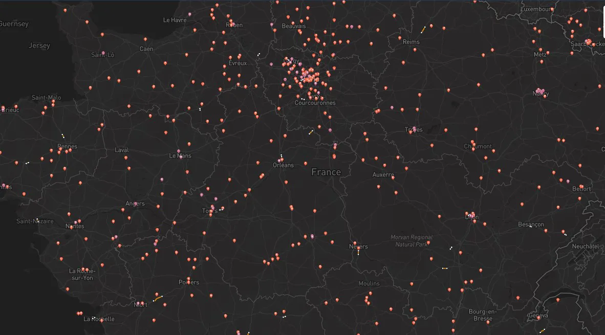 Карта на Франция с покритието на TollTracker: камери за скорост, за червен светофар и отсечки за средна скорост