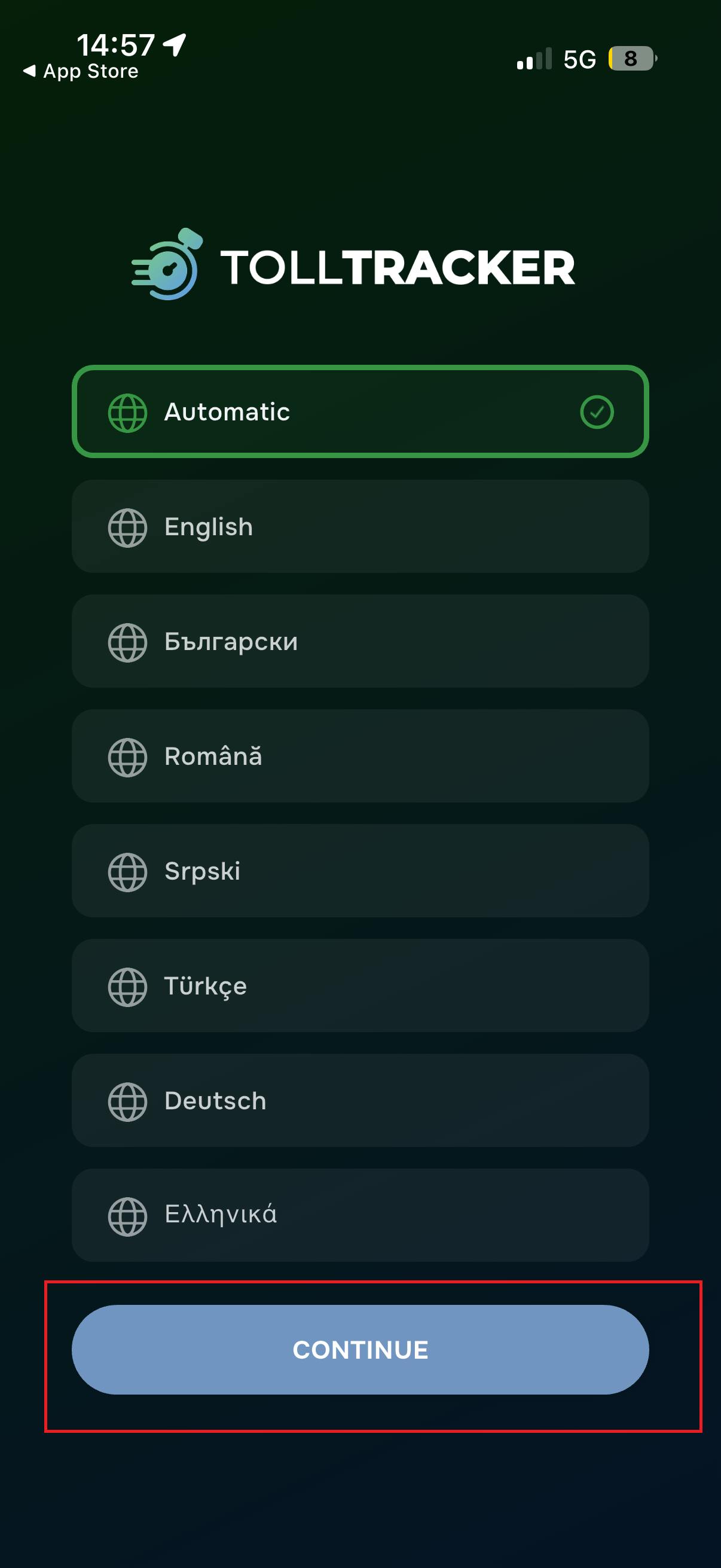 TollTracker language preference screen