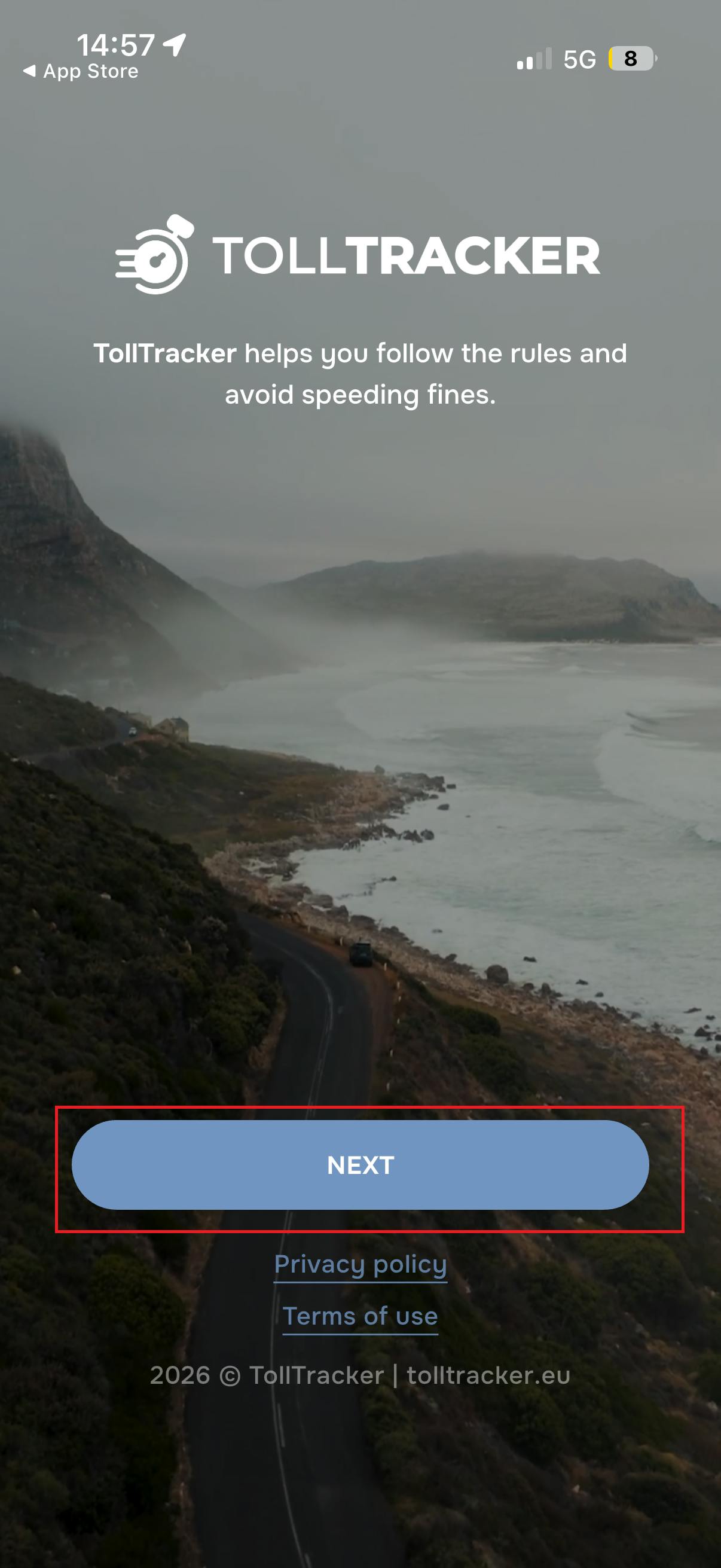 TollTracker landing screen