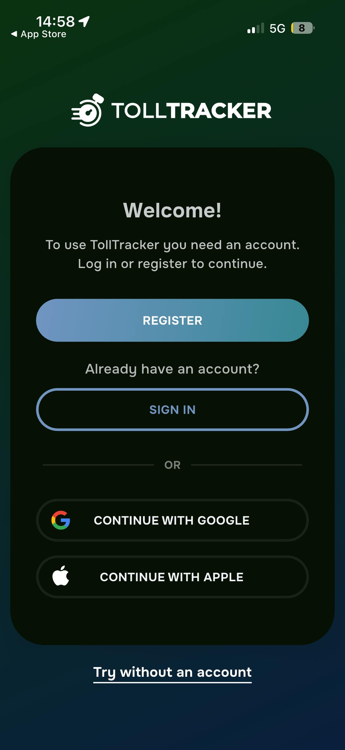 TollTracker login/register screen