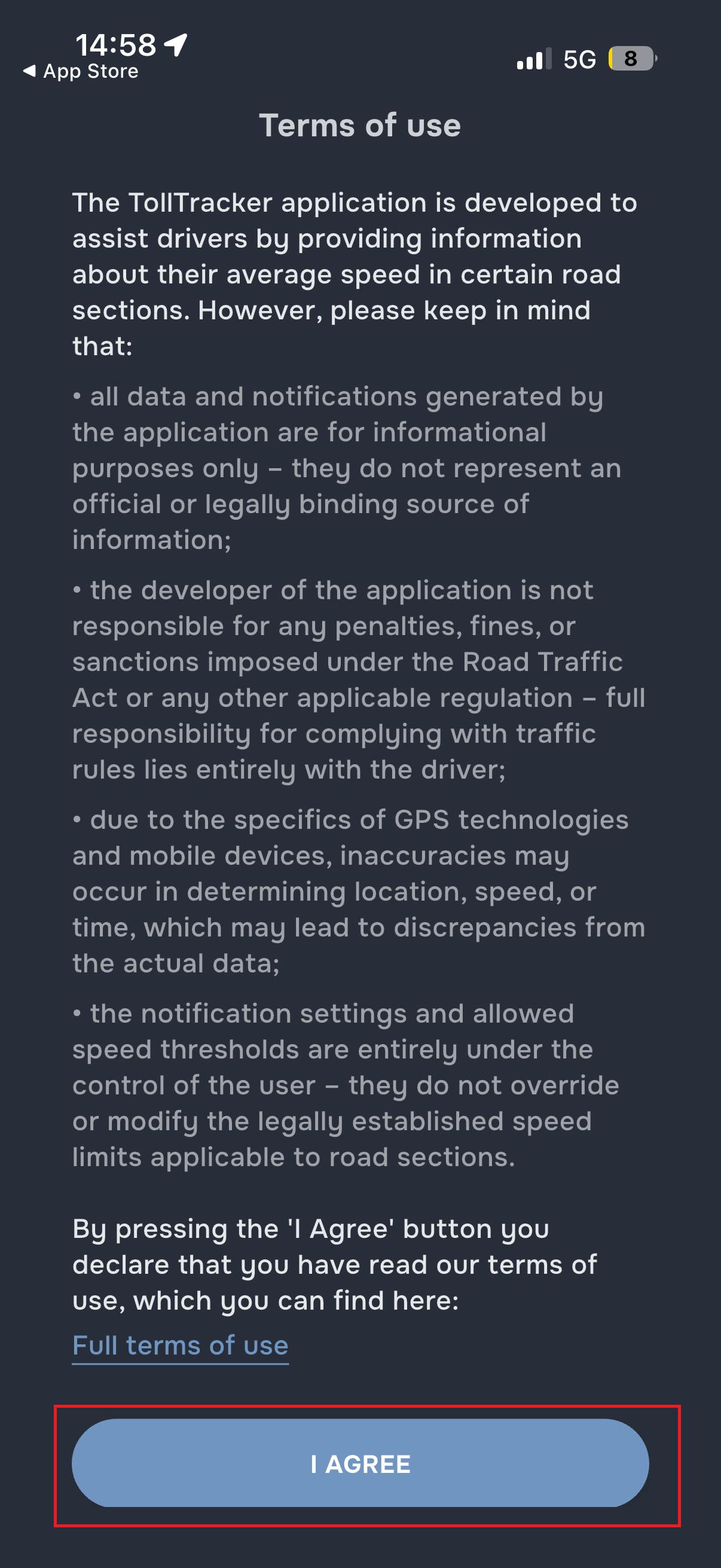 TollTracker terms and conditions screen