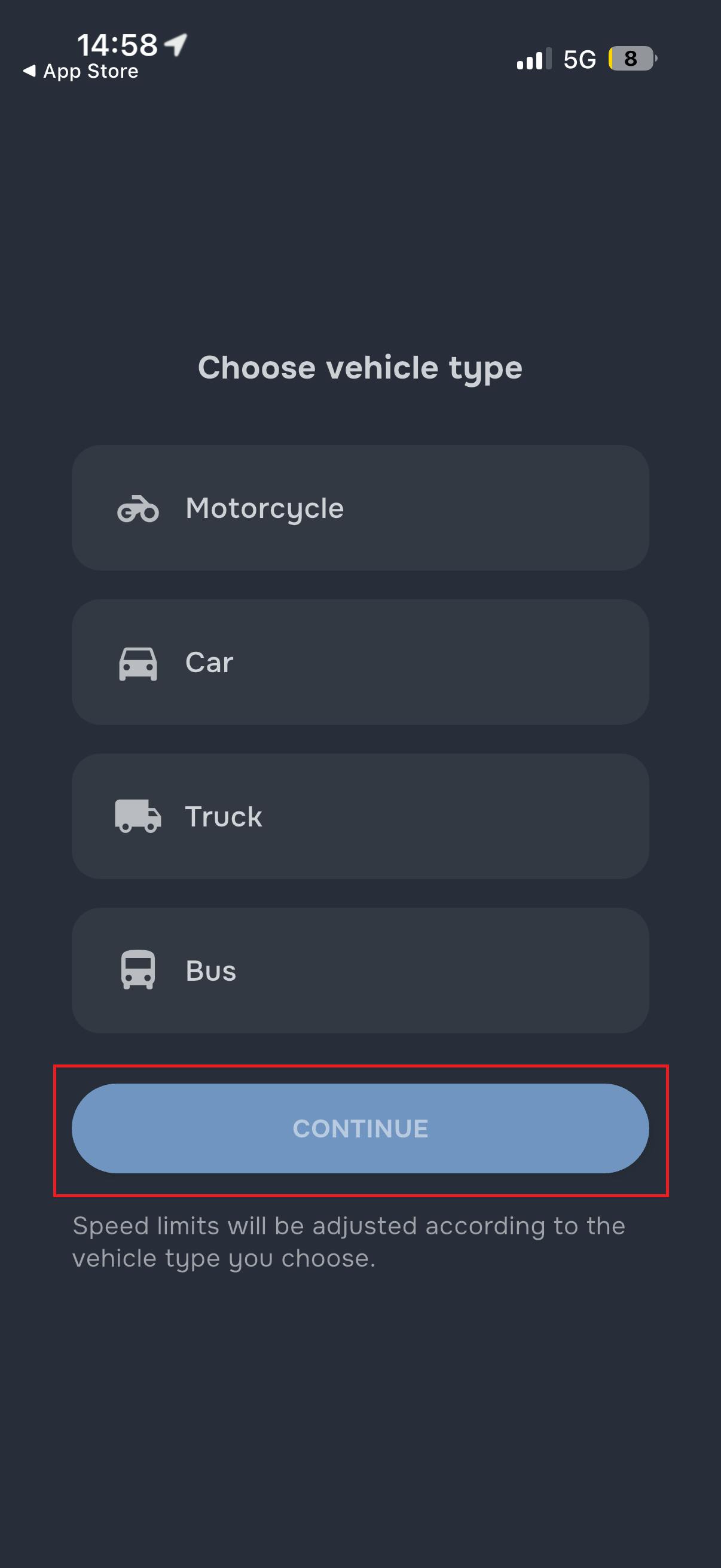 TollTracker vehicle preference screen