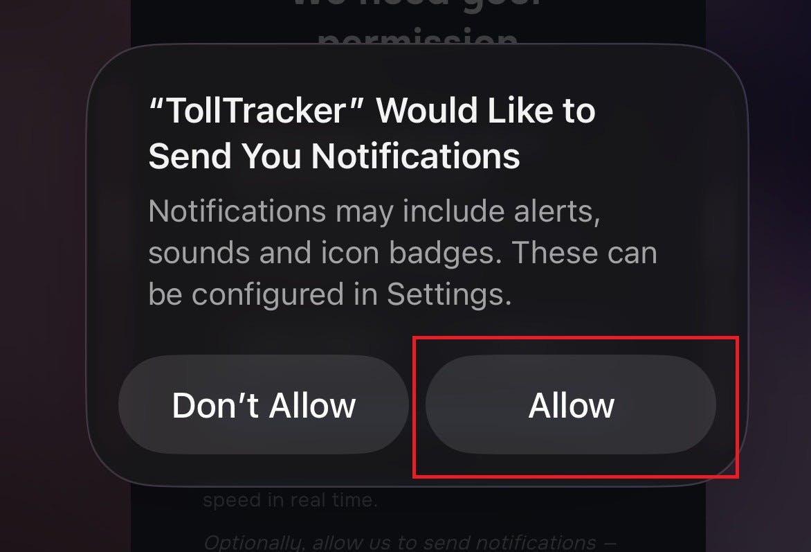 TollTracker notifications permission allow dialog