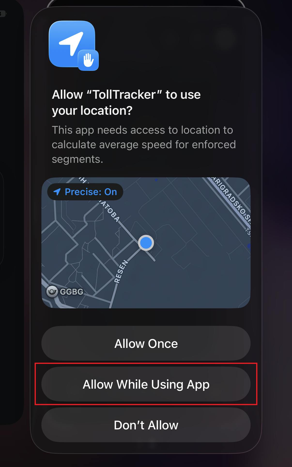TollTracker location permission allow dialog