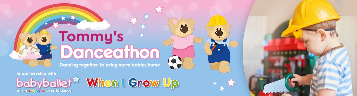 Tommy's Danceathon -  In partnership with babyballet® - illustration of two cartoon bears with a child dressed as a builder - when I grow up