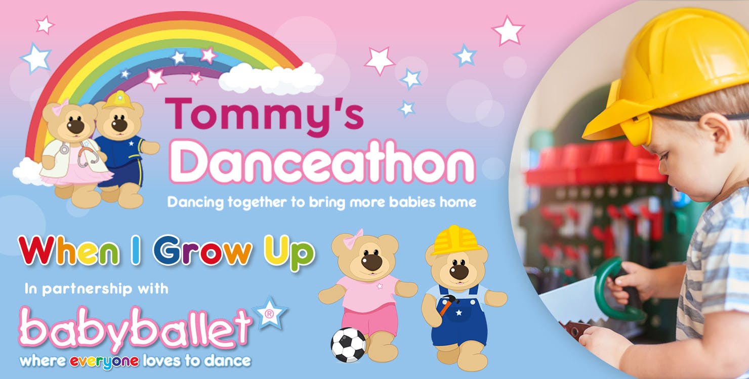 Tommy's Danceathon -  In partnership with babyballet® - illustration of two cartoon bears with a child dressed as a builder - when I grow up