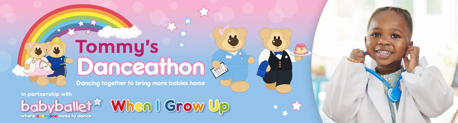 Tommy's Danceathon -  In partnership with babyballet® - illustration of two cartoon bears with a child dressed as a doctor - when I grow up