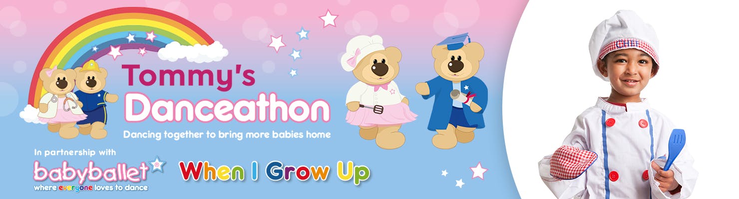 Tommy's Danceathon -  In partnership with babyballet® - illustration of two cartoon bears with a child dressed as a chef - when I grow up