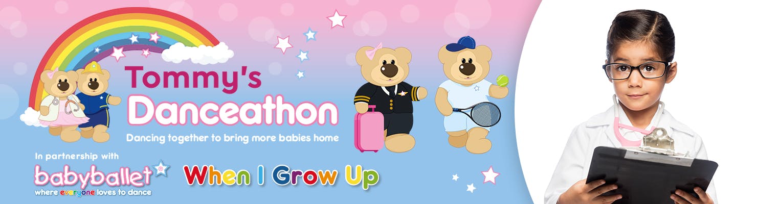 Tommy's Danceathon -  In partnership with babyballet® - illustration of two bears with a child dressed as a doctor - when I grow up