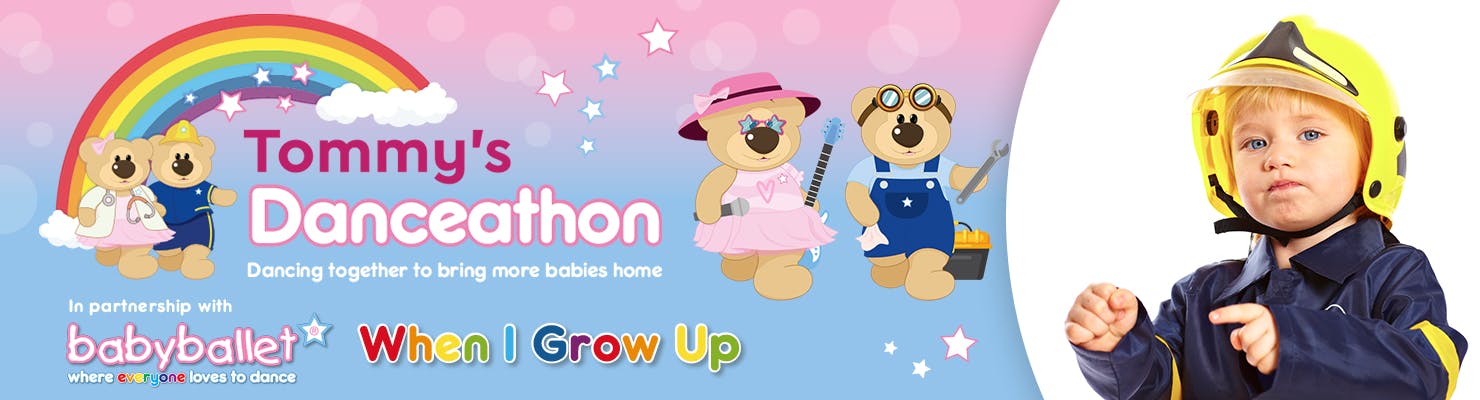 Tommy's Danceathon -  In partnership with babyballet® - illustration of two cartoon bears with a child dressed as a fireman - when I grow up