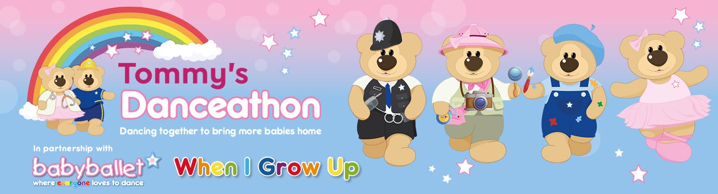 Tommy's Danceathon -  In partnership with babyballet® - illustration of four cartoon bears in fancy dress - when I grow up