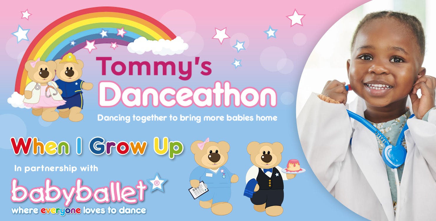 Tommy's Danceathon -  In partnership with babyballet® - illustration of two cartoon bears with a child dressed as a doctor - when I grow up