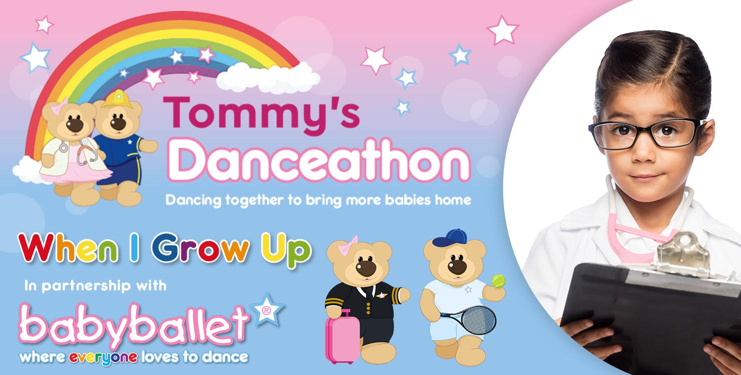 Tommy's Danceathon -  In partnership with babyballet® - illustration of two bears with a child dressed as a doctor - when I grow up