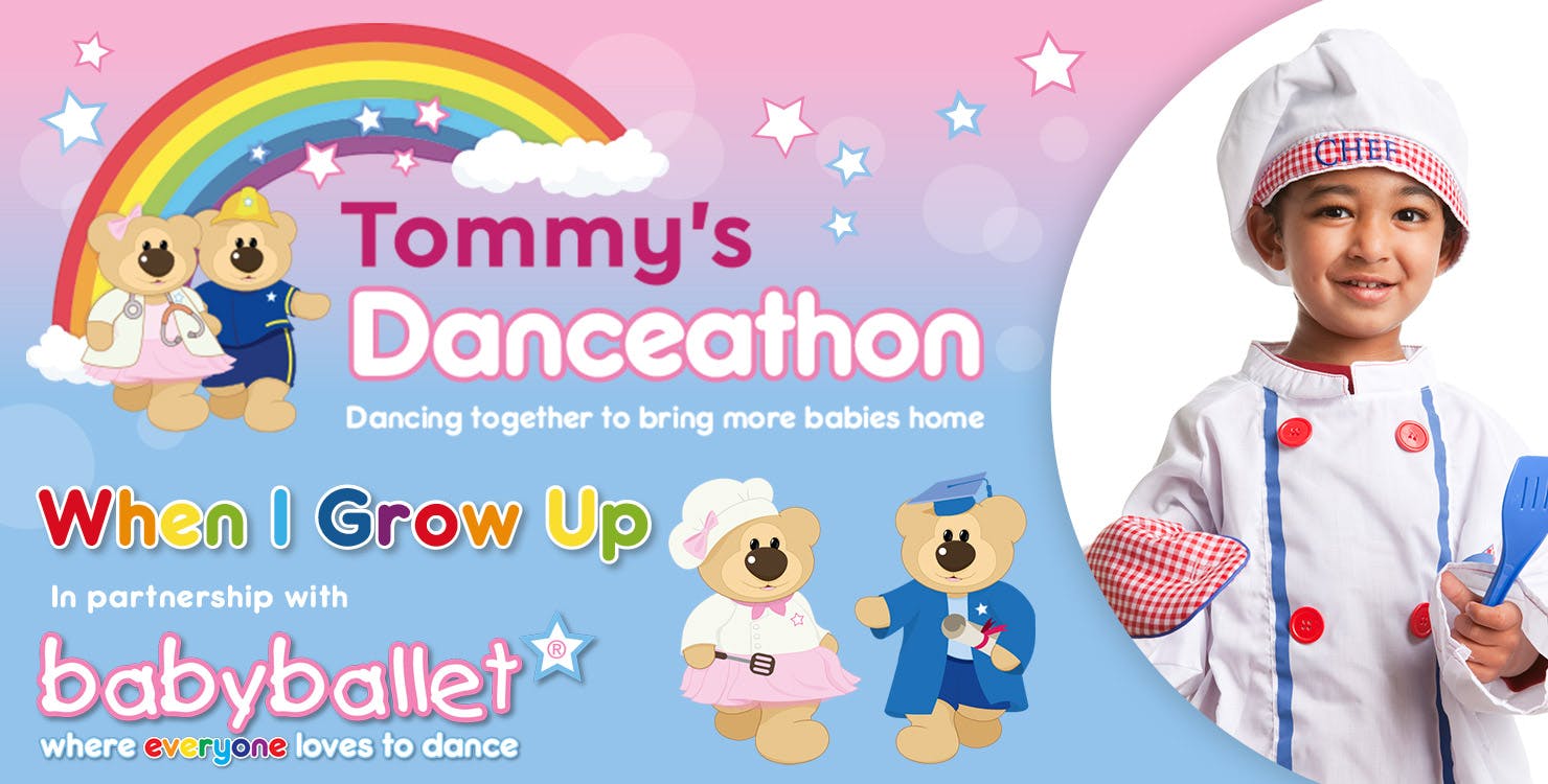 Tommy's Danceathon -  In partnership with babyballet® - illustration of two cartoon bears with a child dressed as a chef - when I grow up