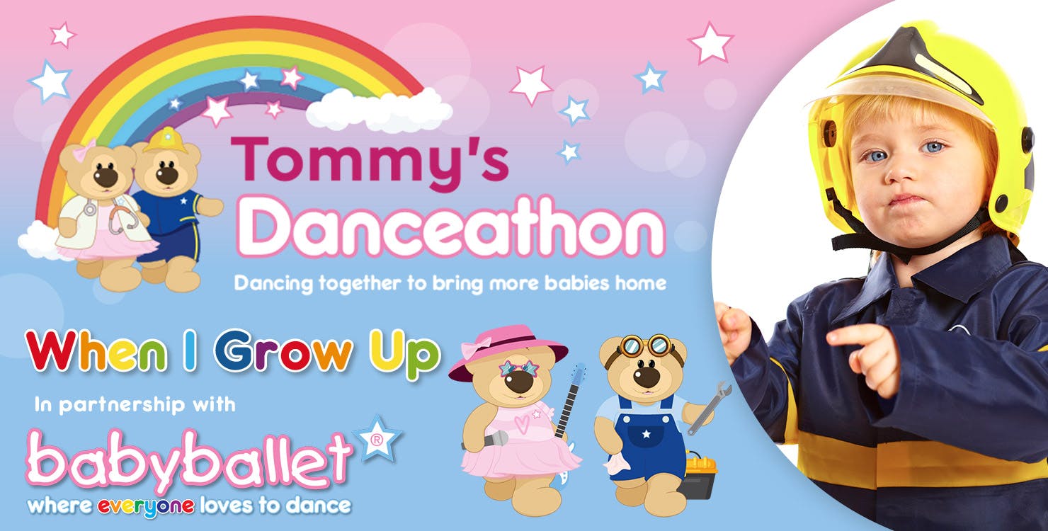 Tommy's Danceathon -  In partnership with babyballet® - illustration of two cartoon bears with a child dressed as a fireman - when I grow up