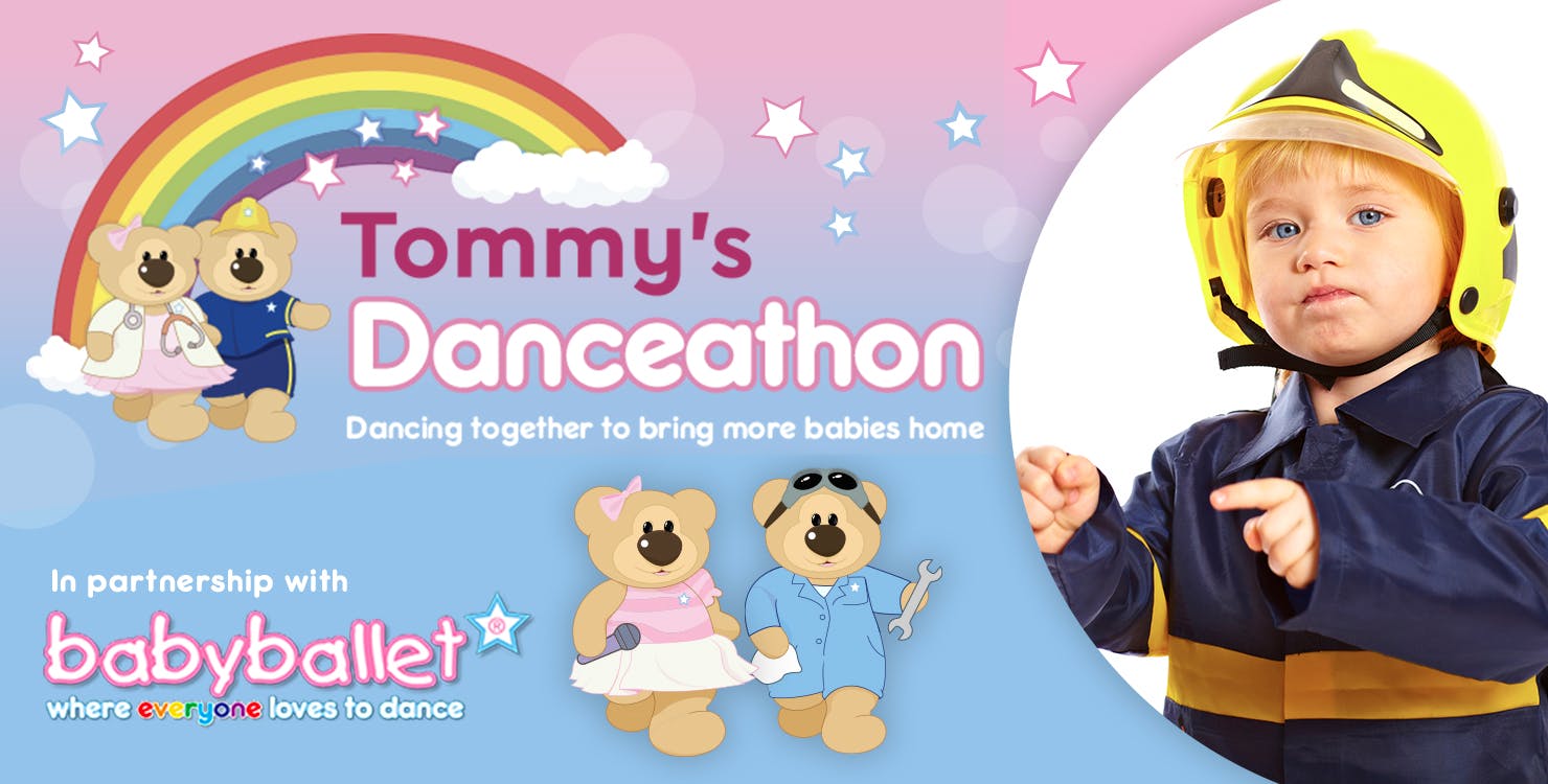 Tommy's Danceathon -  In partnership with babyballet® - illustration of two cartoon bears with a child dressed as a fireman - dancing together to bring more babies home