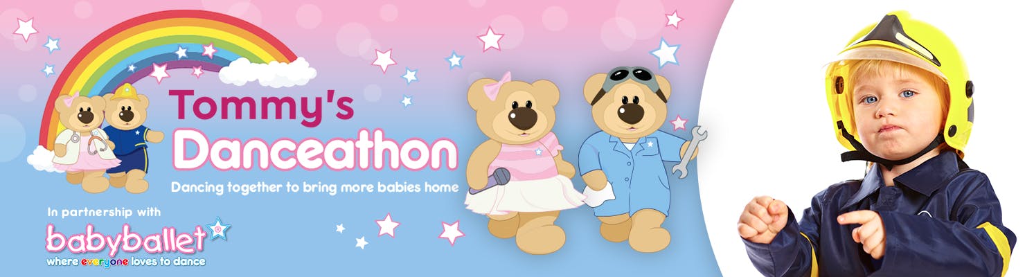 Tommy's Danceathon -  In partnership with babyballet® - illustration of two cartoon bears with a child dressed as a fireman - dancing together to bring more babies home