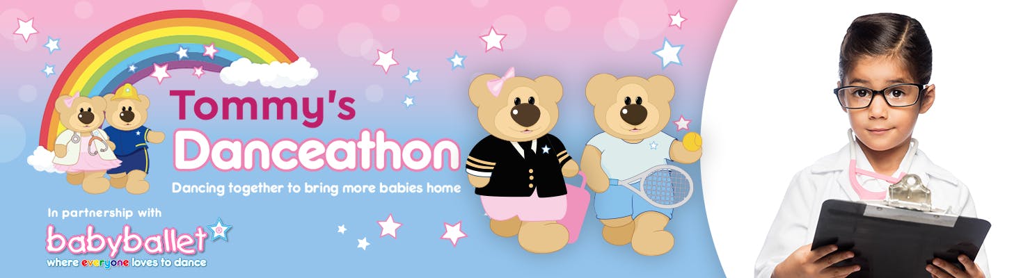 Tommy's Danceathon -  In partnership with babyballet® - illustration of two cartoon bears with a child dressed as a doctor - dancing together to bring more babies home