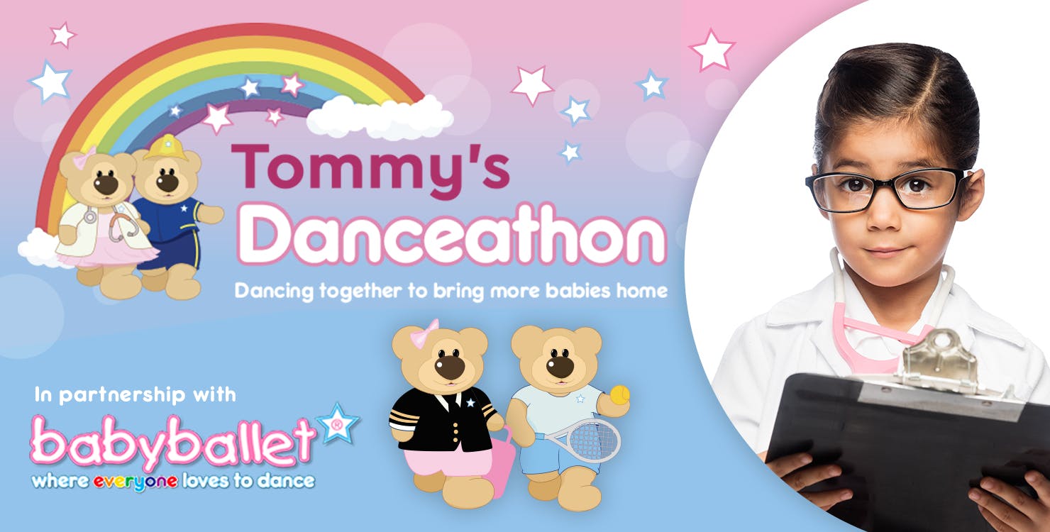 Tommy's Danceathon -  In partnership with babyballet® - illustration of two cartoon bears with a child dressed as a doctor - dancing together to bring more babies home