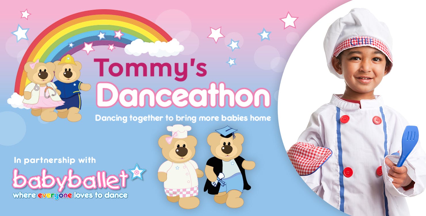 Tommy's Danceathon -  In partnership with babyballet® - illustration of two cartoon bears with a child dressed as a chef - dancing together to bring more babies home