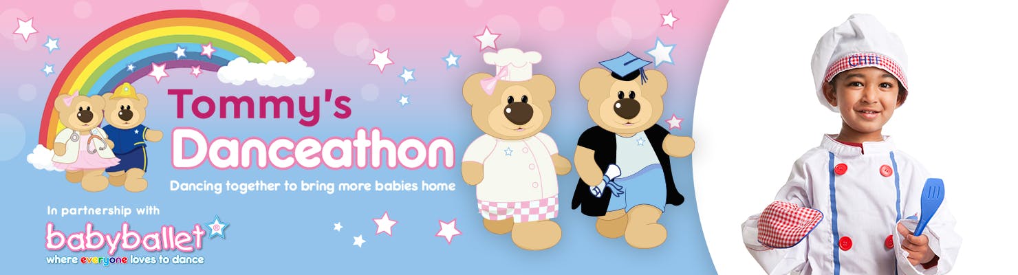 Tommy's Danceathon -  In partnership with babyballet® - illustration of two cartoon bears with a child dressed as a chef - dancing together to bring more babies home