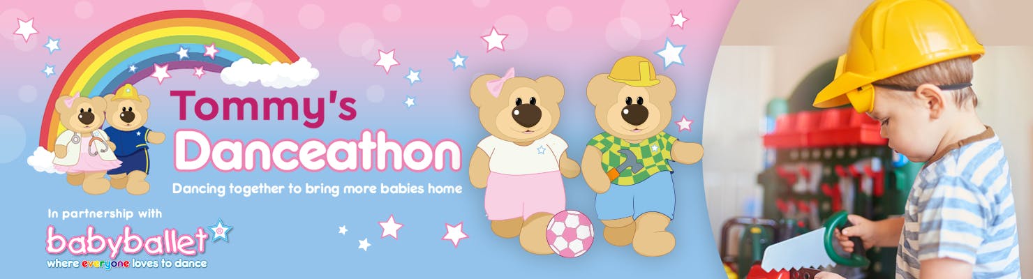 Tommy's Danceathon -  In partnership with babyballet® - illustration of two bears with a child dressed as a builder - dancing together to bring more babies home