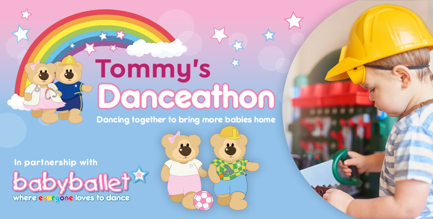 Tommy's Danceathon -  In partnership with babyballet® - illustration of two bears with a child dressed as a builder - dancing together to bring more babies home