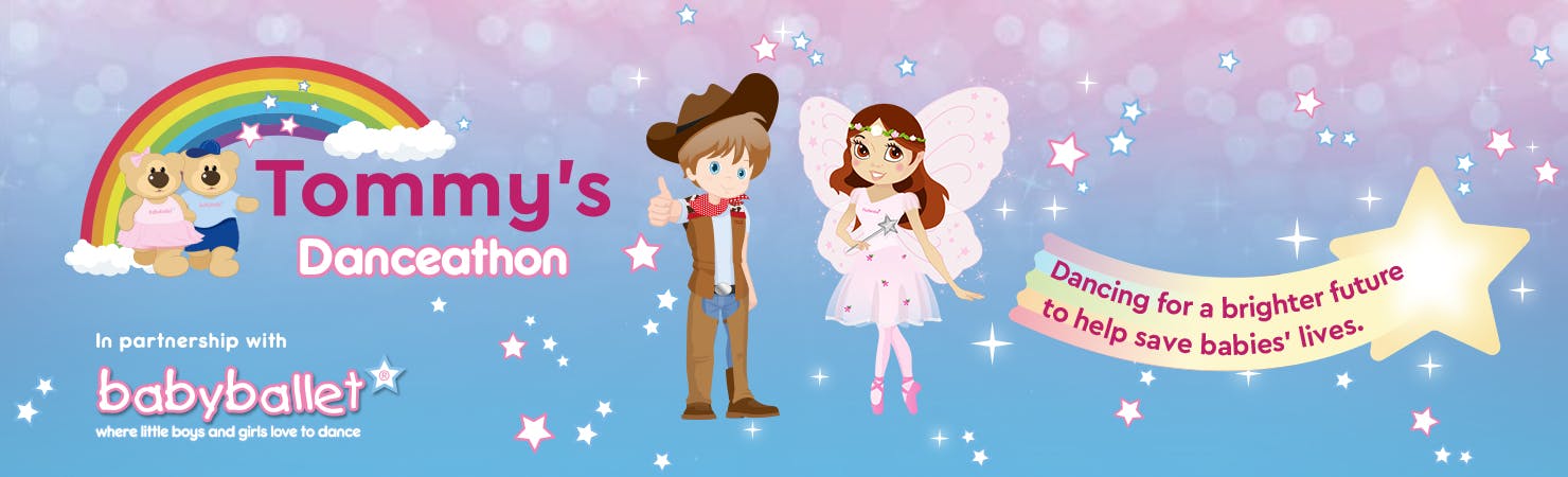 Tommy's Danceathon -  In partnership with babyballet® - illustration of fairy and cowboy - dancing for a brighter future to help save babies' lives.