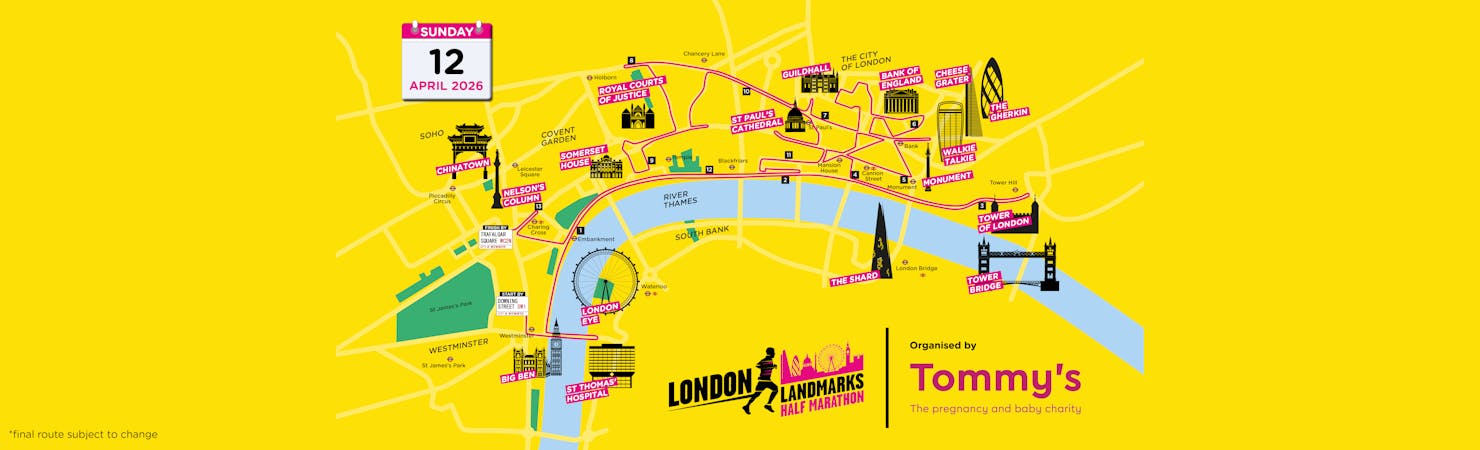 London Landmarks Half Marathon map for 12 April 2026.