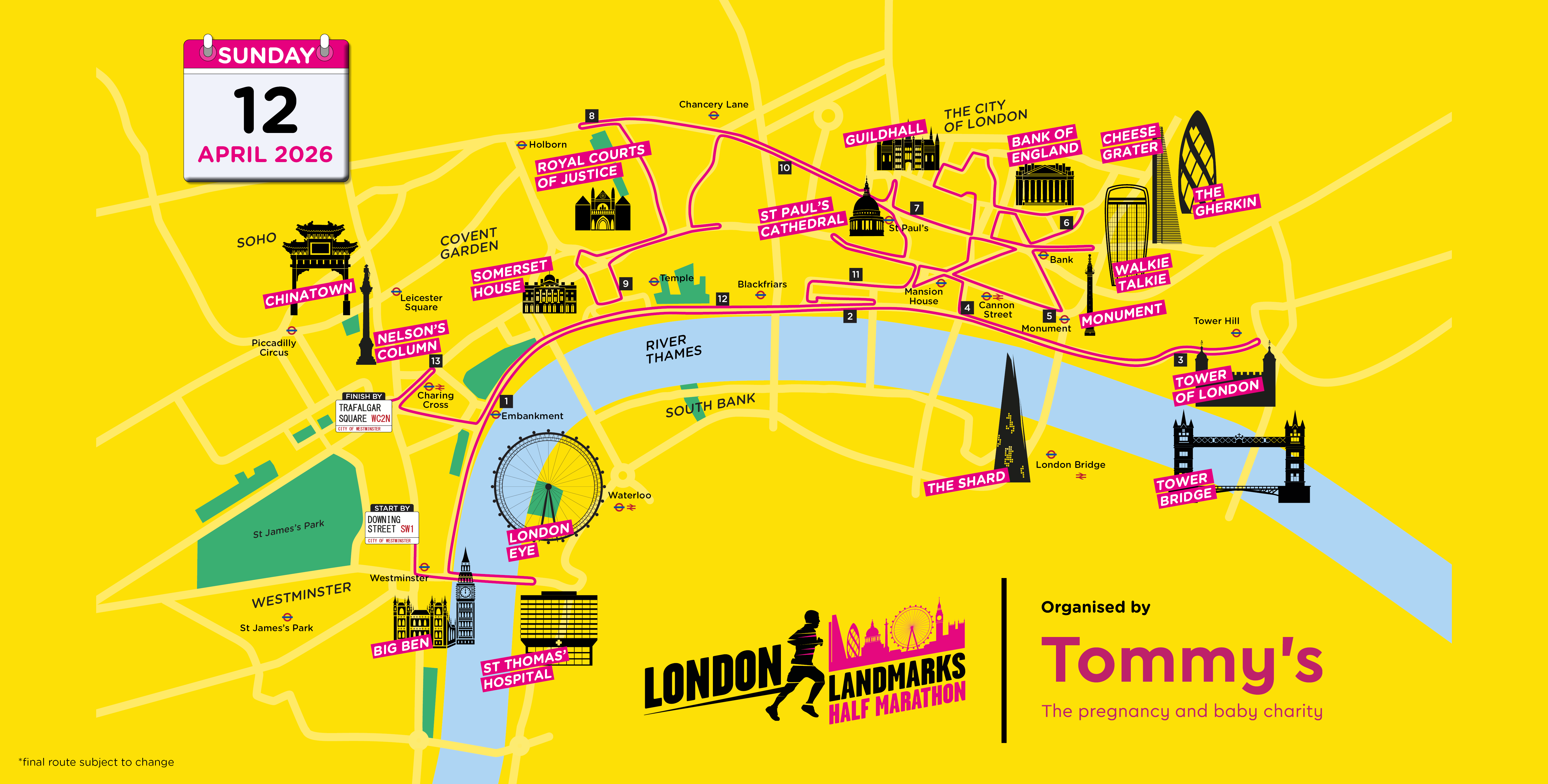 London Landmarks Half Marathon map for 12 April 2026.
