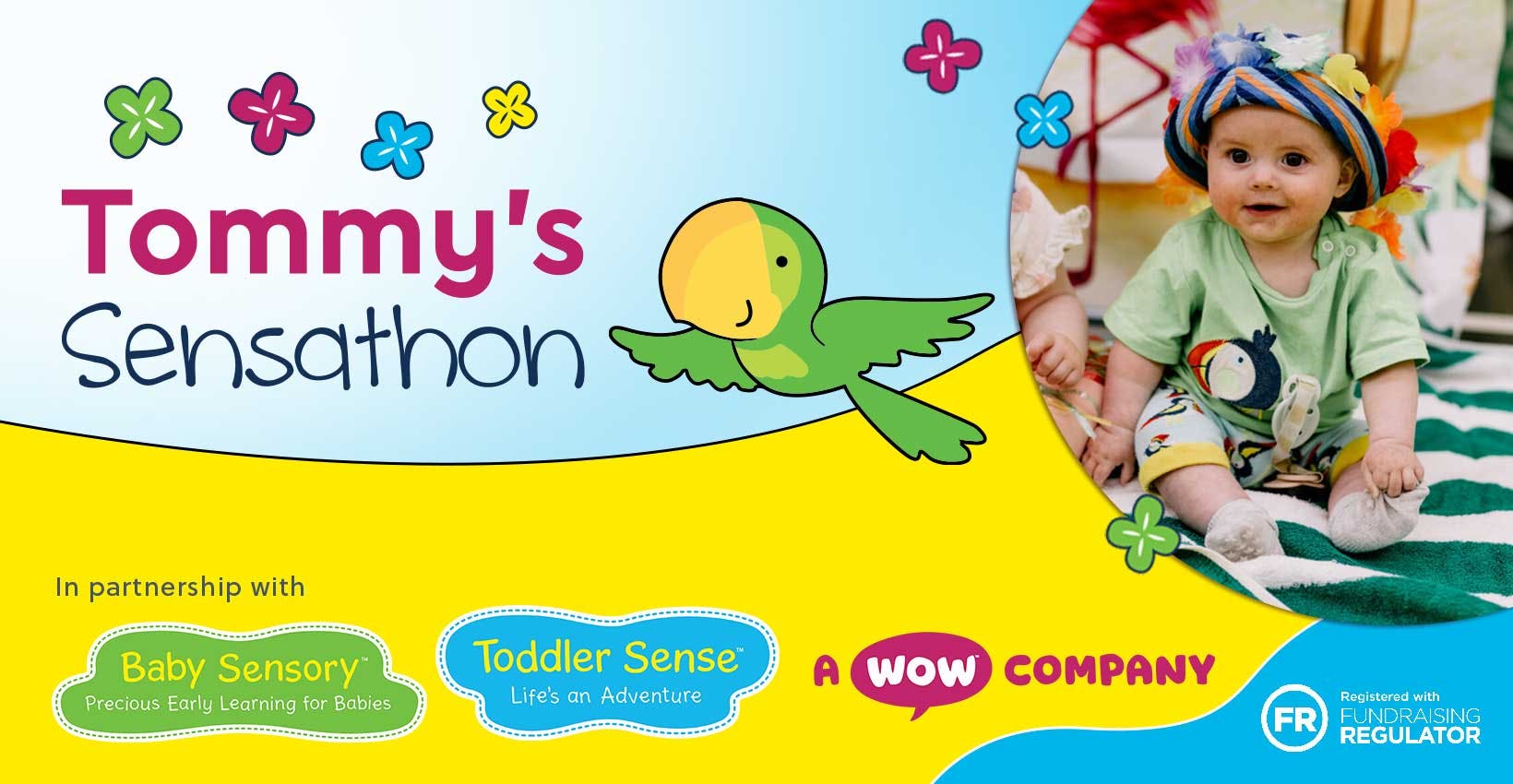 Tommy's Sensathon - parrot illustration and baby in hawaiian theme