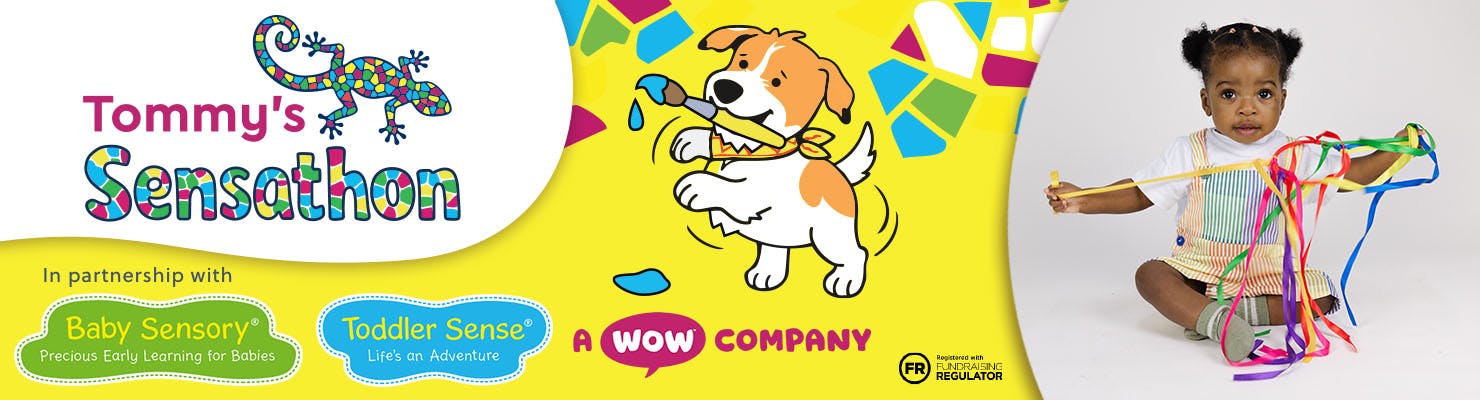 “Tommy’s Sensathon” banner featuring a colourful gecko logo, a cartoon dog with paint, partner logos, and a child playing with multicoloured sensory ribbons on a yellow background.