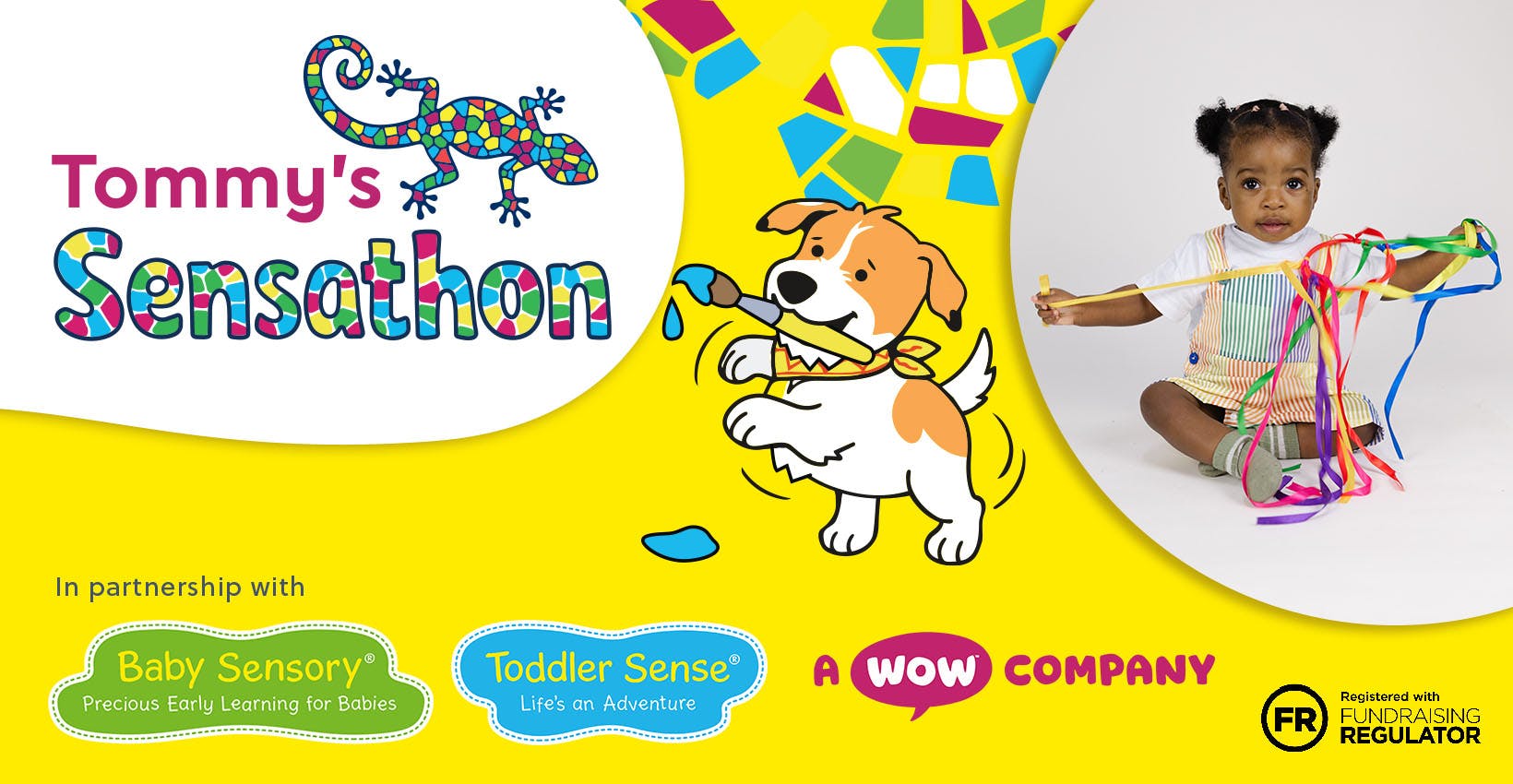 “Tommy’s Sensathon” banner featuring a colourful gecko logo, a cartoon dog with paint, partner logos, and a child playing with multicoloured sensory ribbons on a yellow background.