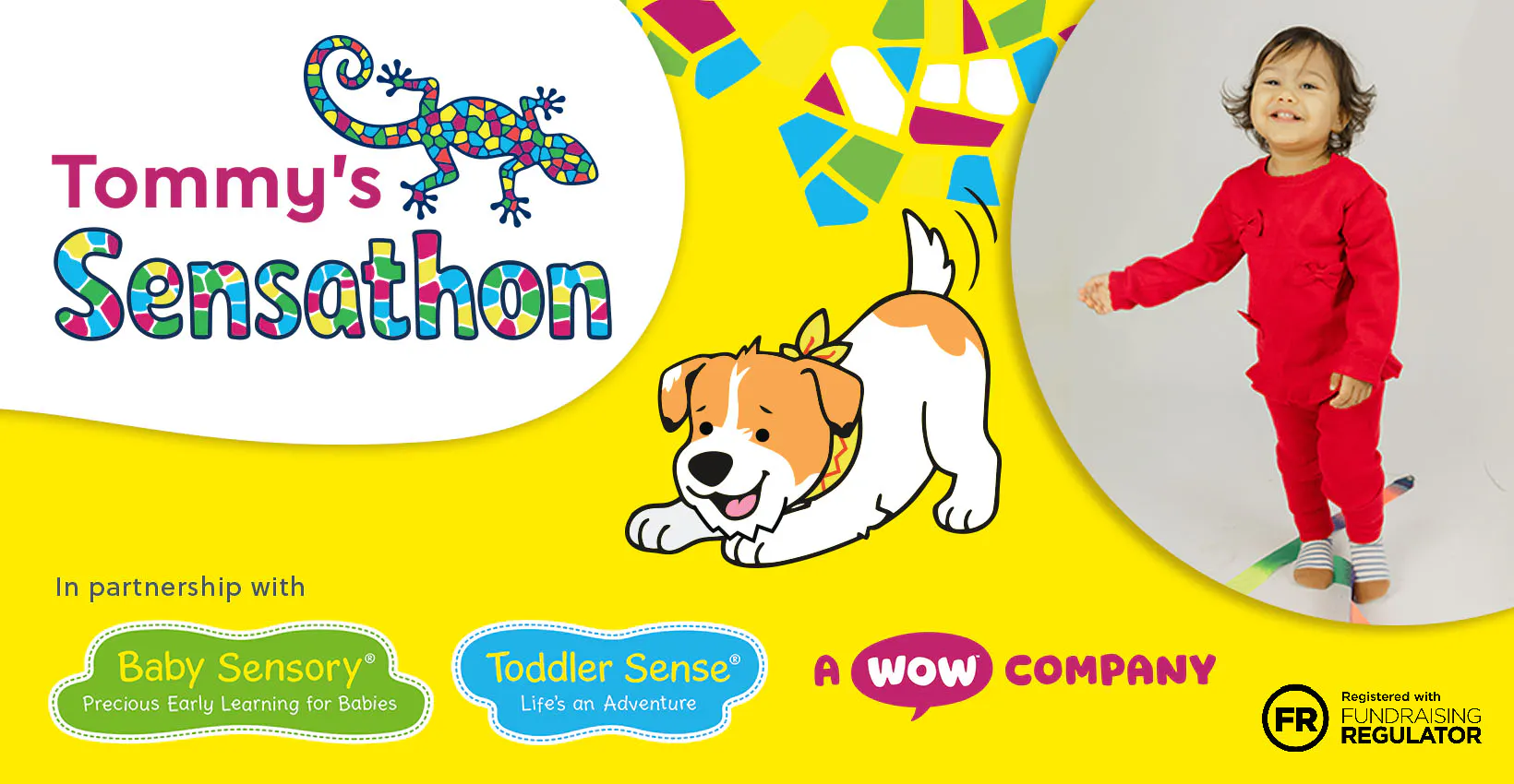 Bright “Tommy’s Sensathon” banner with a colourful gecko logo, playful cartoon dog, partner logos, and a toddler in a red outfit on a vibrant yellow background.