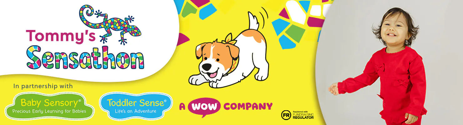 Bright “Tommy’s Sensathon” banner with a colourful gecko logo, playful cartoon dog, partner logos, and a toddler in a red outfit on a vibrant yellow background.