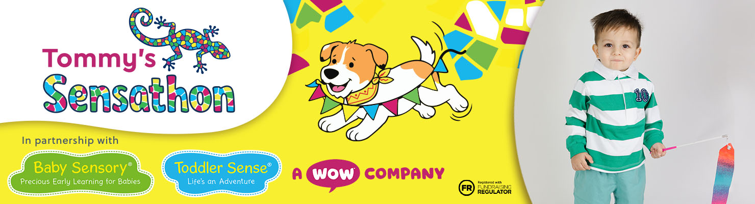 Bright “Tommy’s Sensathon” banner with a colourful gecko logo, playful cartoon dog, partner logos, and a child holding a rainbow sensory ribbon on a vibrant yellow background.